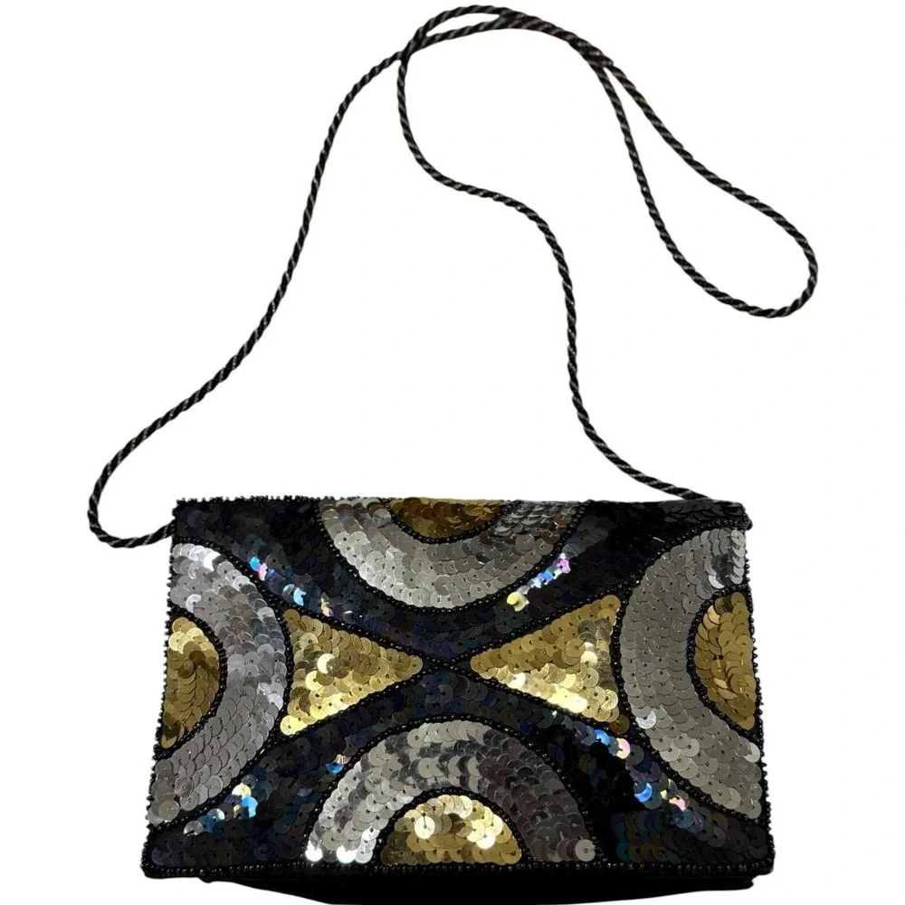 Vintage Sequin Geometric Evening Bag – Metallic‎ Arcs & Rope Strap
